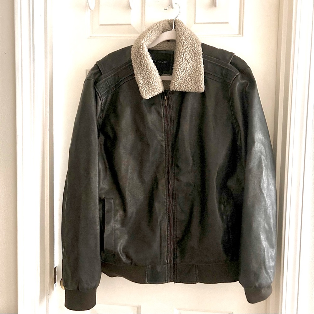 Vintage Structure Faux Leather Sherpa Collar Jacket | Size L